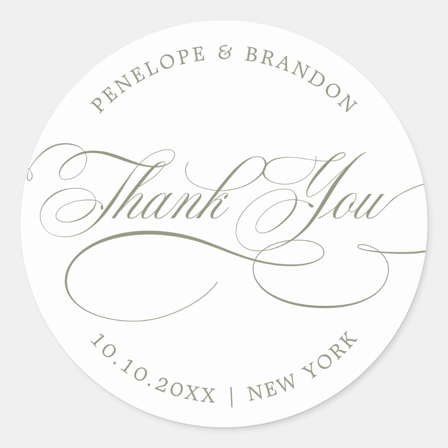 Modern calligraphy timeles Sage Green thank you Classic Round Sticker