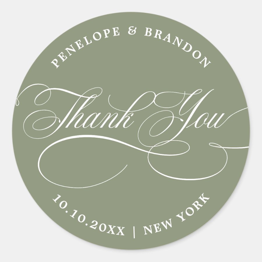 Modern calligraphy timeles Sage Green thank you Classic Round Sticker