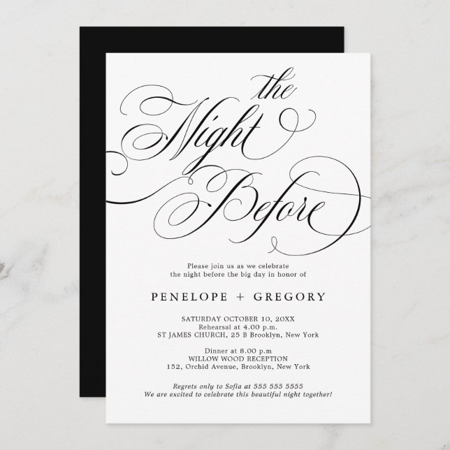 Modern calligraphy timeless black the night before invitation (Front/Back)
