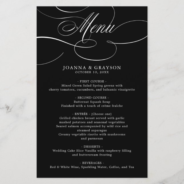 Modern calligraphy timeless black wedding Menu (Front)