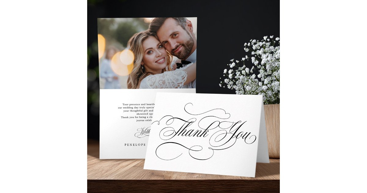 Modern calligraphy timeless black wedding photo thank you card | Zazzle