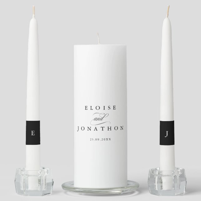 Modern calligraphy timeless black & white wedding unity candle set (Front)