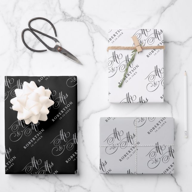 Modern calligraphy timeless black & white wedding wrapping paper sheets (Front)