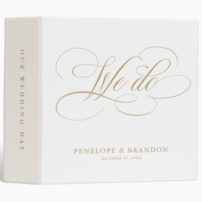 Modern calligraphy timeless gold and white wedding 3 ring binder (Front/Spine)