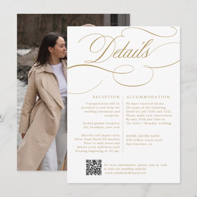 Modern calligraphy timeless gold and white wedding enclosure card (Front/Back)