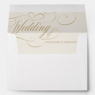Modern calligraphy timeless gold and white wedding envelope