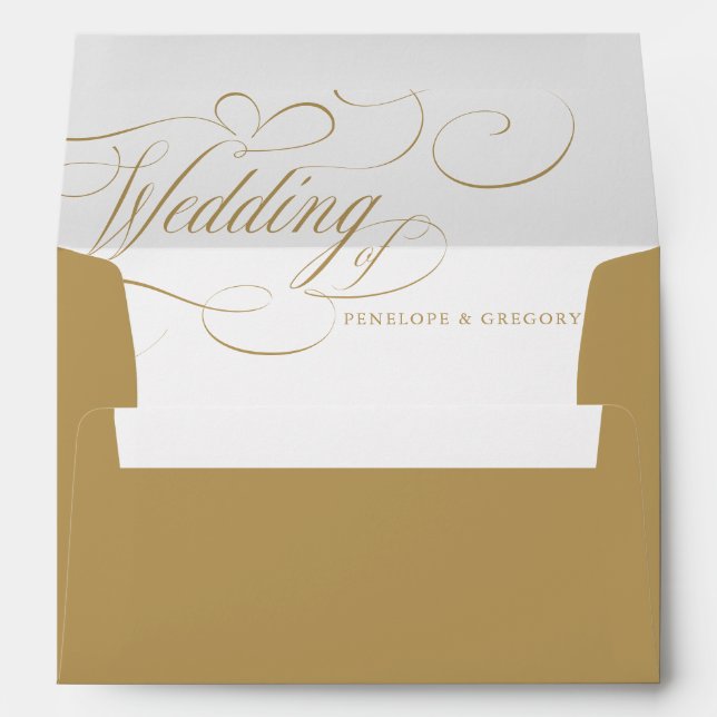 Modern calligraphy timeless gold and white wedding envelope (Back (Bottom))