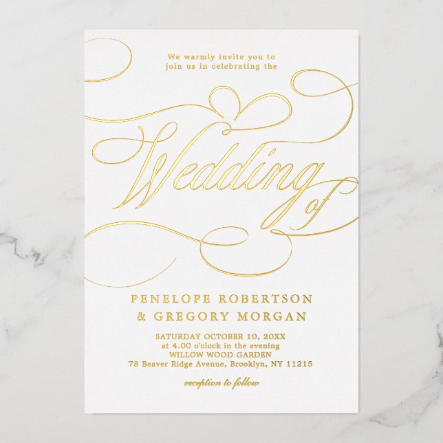Modern calligraphy timeless gold and white wedding foil invitation (Front)