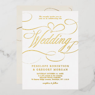 Modern calligraphy timeless gold and white wedding foil invitation