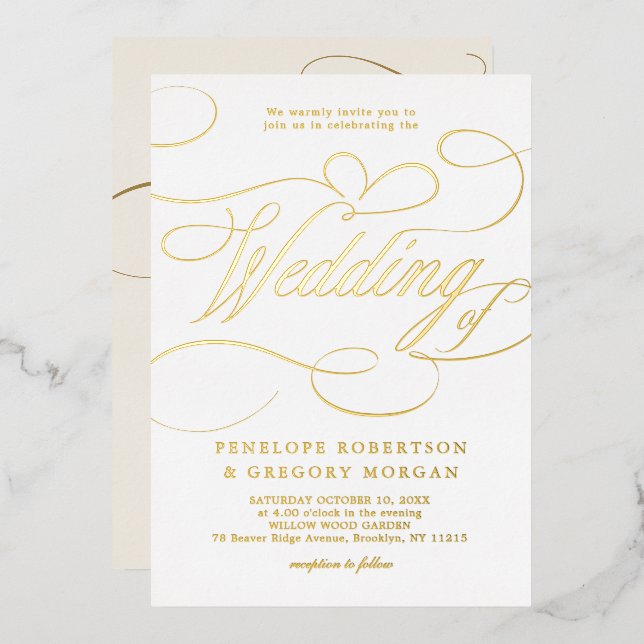Modern calligraphy timeless gold and white wedding foil invitation (Front/Back)