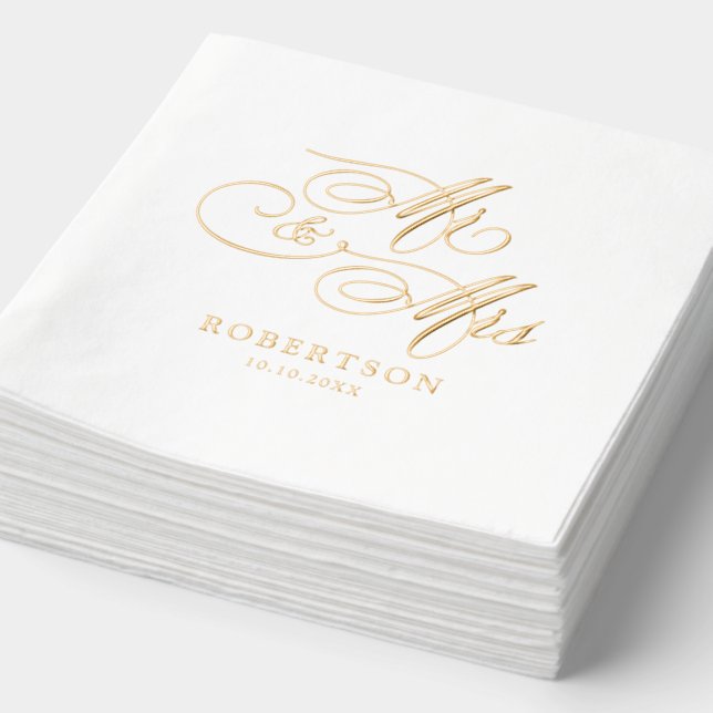 Modern calligraphy timeless gold and white wedding foil napkins (Detail)