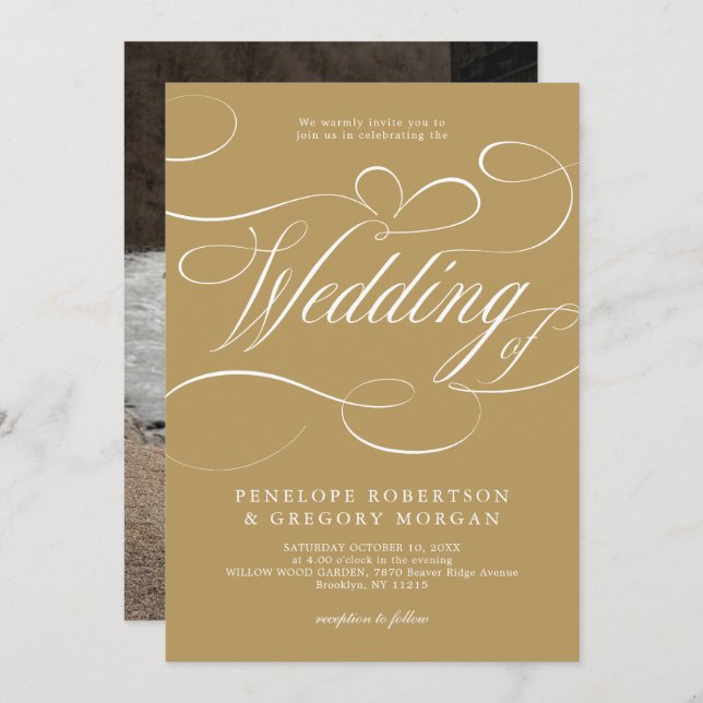 Modern calligraphy timeless gold and white wedding invitation (Front/Back)