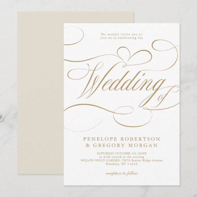 Modern calligraphy timeless gold and white wedding invitation (Front/Back)