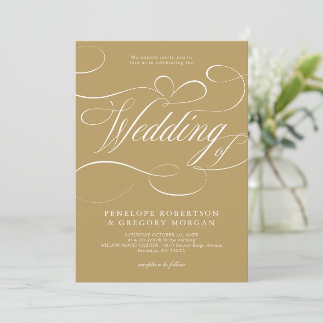 Modern calligraphy timeless gold and white wedding invitation (Standing Front)