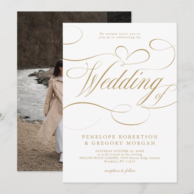 Modern calligraphy timeless gold and white wedding invitation (Front/Back)