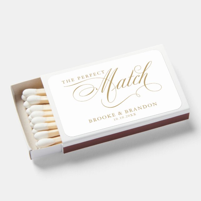 Modern calligraphy timeless gold and white wedding matchboxes (Front Open)