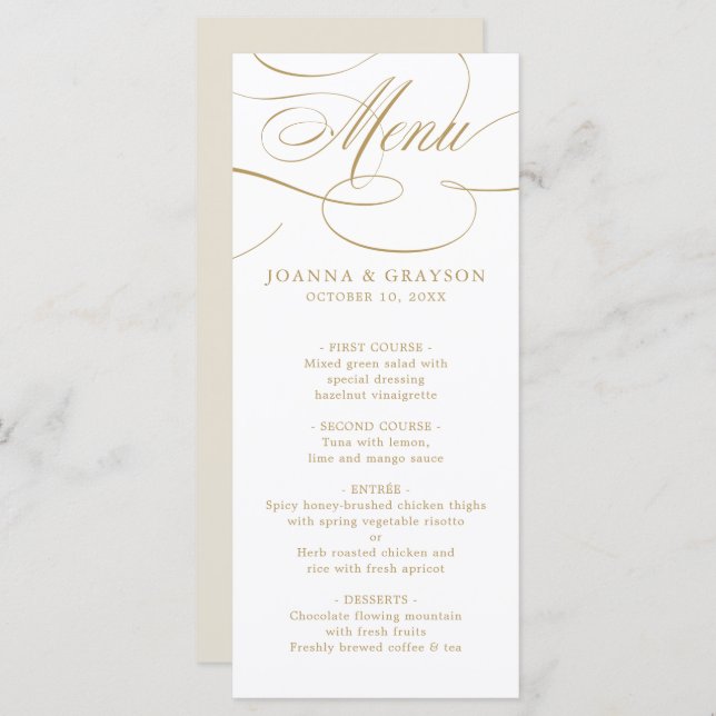 Modern calligraphy timeless gold and white wedding menu (Front/Back)
