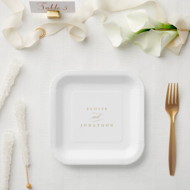 Modern calligraphy timeless gold and white wedding paper plates (Wedding)