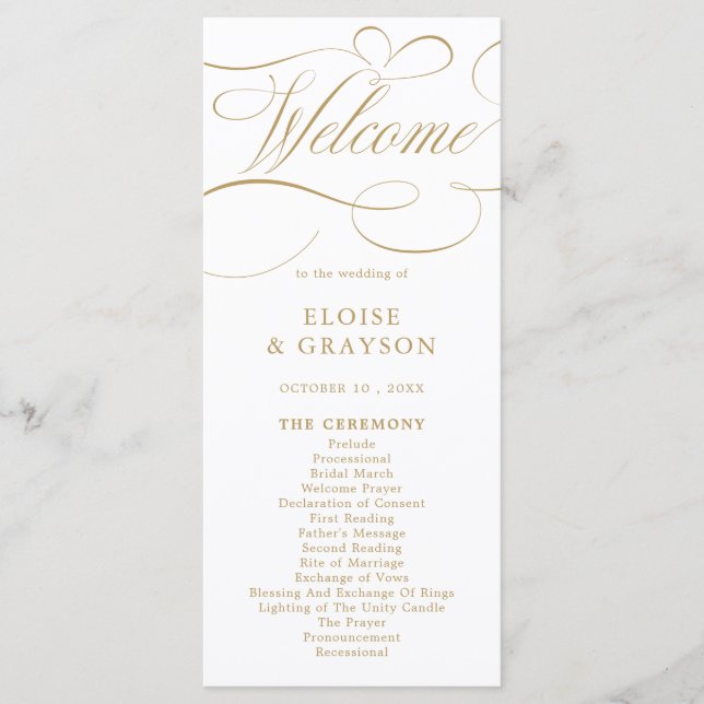 Modern calligraphy timeless gold and white wedding program (Front)