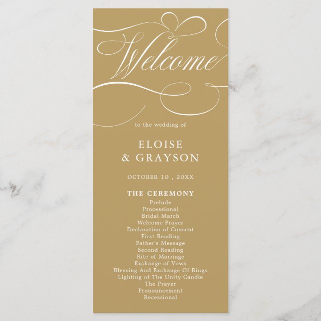 Modern calligraphy timeless gold and white wedding program (Front)