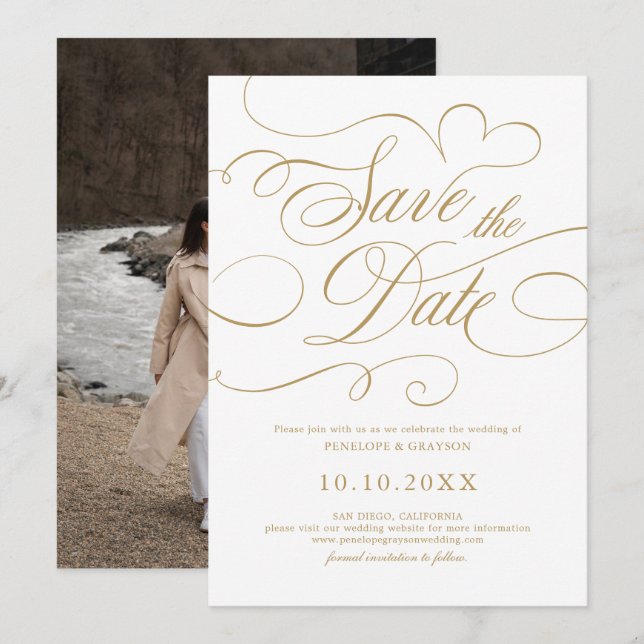 Modern calligraphy timeless gold and white wedding save the date (Front/Back)