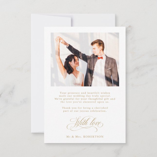 Modern calligraphy timeless gold and white wedding thank you card (Back)