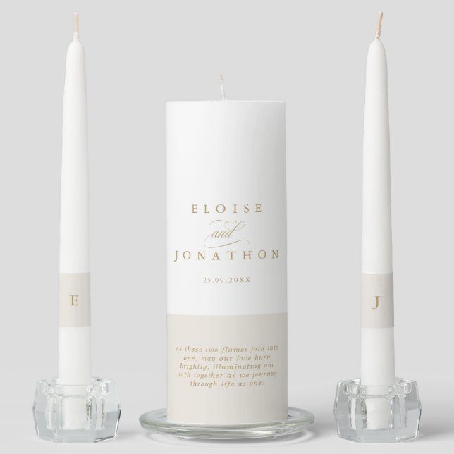 Modern calligraphy timeless gold and white wedding unity candle set (Front)
