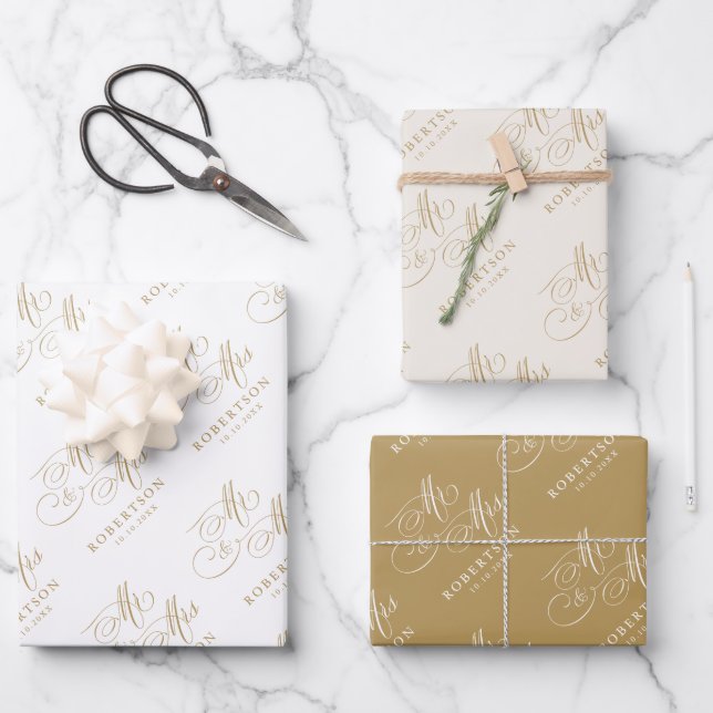 Modern calligraphy timeless gold and white wedding wrapping paper sheets (Front)