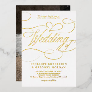 Modern calligraphy timeless gold photo wedding foil invitation