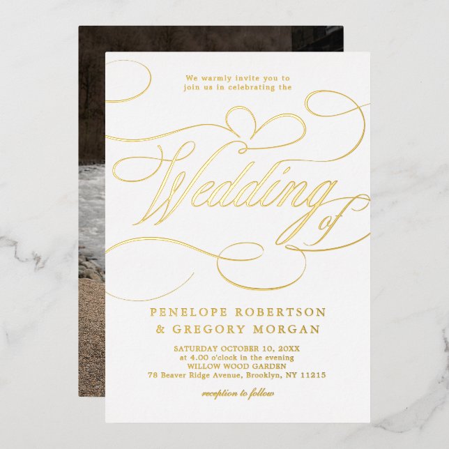 Modern calligraphy timeless gold photo wedding foil invitation (Front/Back)