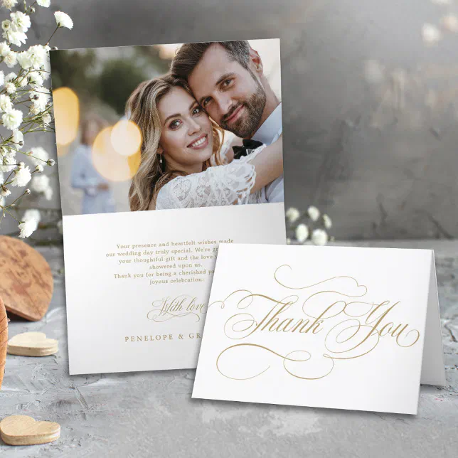 Modern calligraphy timeless gold wedding photo thank you card | Zazzle
