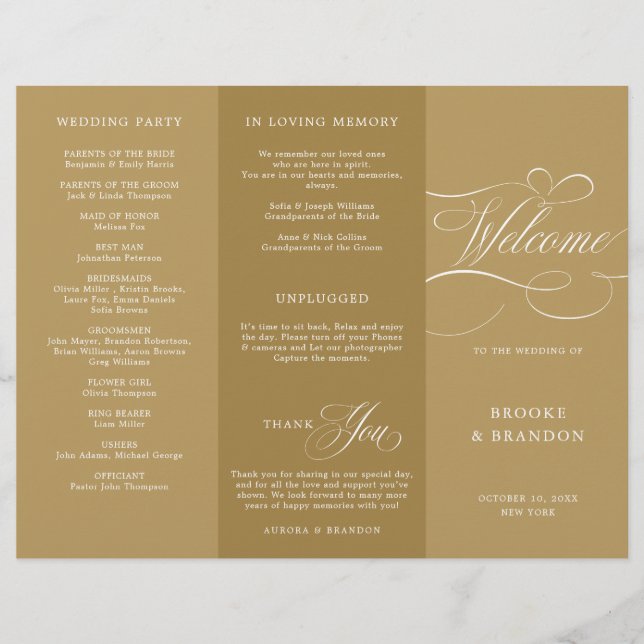 Modern calligraphy timeless gold wedding Program (Front)