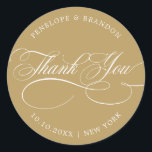 Modern calligraphy timeless gold wedding thank you classic round sticker<br><div class="desc">A timeless and elegant wedding thank you sticker featuring refined calligraphy script on a classic background,  perfect for a formal and sophisticated wedding celebration. For customization or additional products featuring this design,  please feel free to contact me.</div>