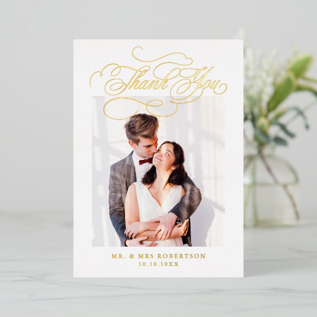 Modern calligraphy timeless gold wedding Thank you Foil Invitation (Standing Front)