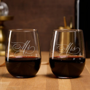 Modern calligraphy timeless Mr and Mrs wedding Stemless Wine Glass