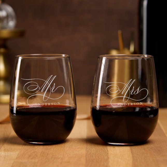 Modern calligraphy timeless Mr and Mrs  wedding Stemless Wine Glass (Party)