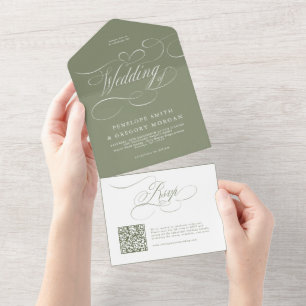 Modern calligraphy timeless Sage green QR wedding All In One Invitation