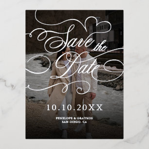 Modern calligraphy timeless Silver Save the Date Foil Holiday Postcard