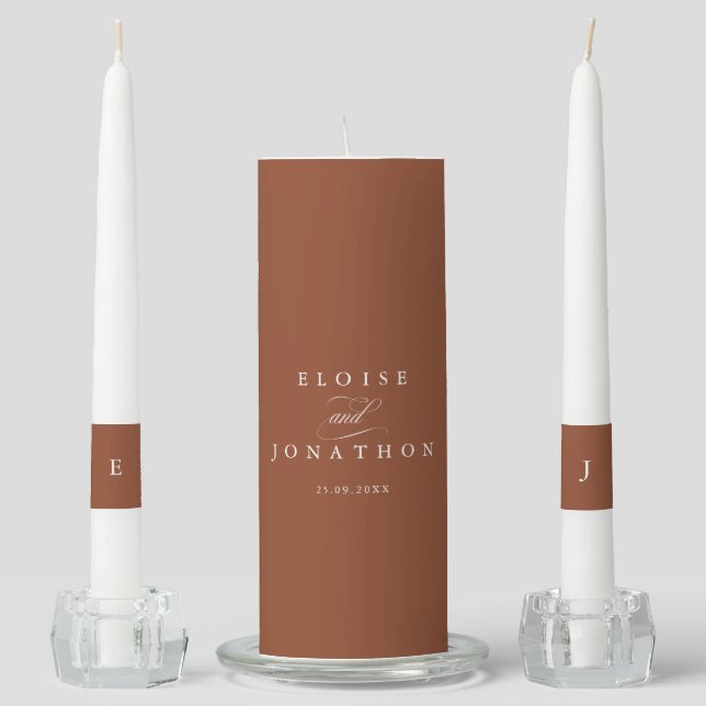Modern calligraphy timeless terracotta wedding unity candle set (Front)