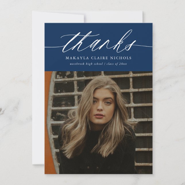 Modern Calligraphy Two Photo Blue Graduation Thank You Card (Front)