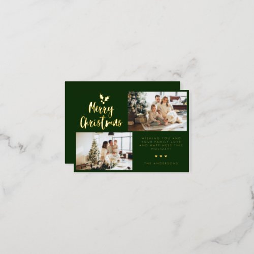 Modern Calligraphy Two Photo Collage Christmas Foil Holiday Card