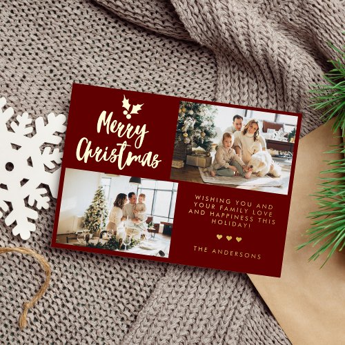 Modern Calligraphy Two Photo Collage Red Christmas Foil Holiday Card