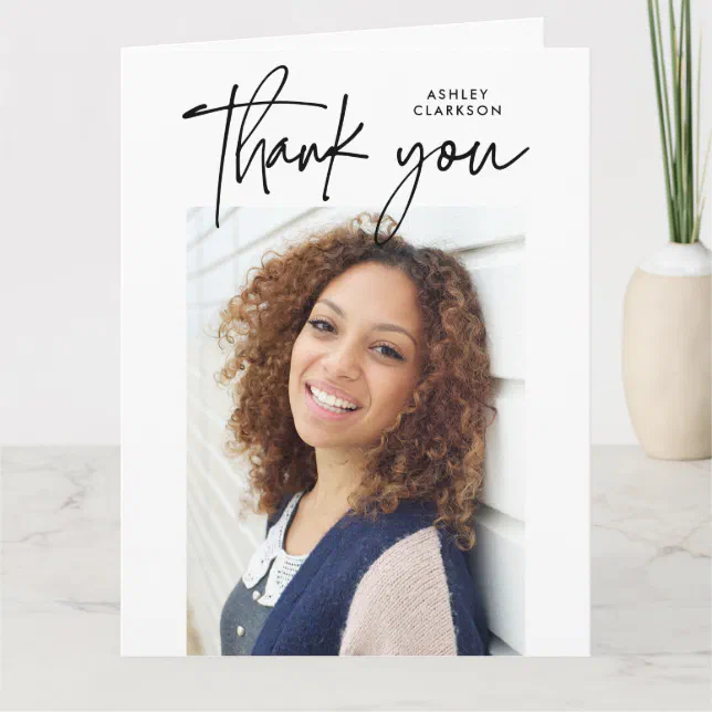 Modern Calligraphy Two Photo Graduation Folded Thank You Card | Zazzle