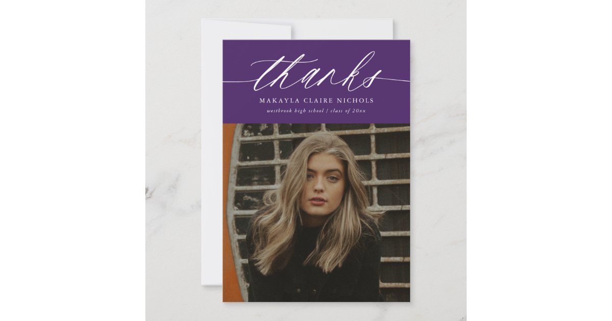 Modern Calligraphy Two Photo Purple Graduation Thank You Card | Zazzle