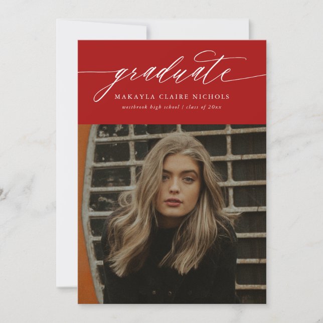 Modern Calligraphy Two Photo Red Graduation Announcement (Front)