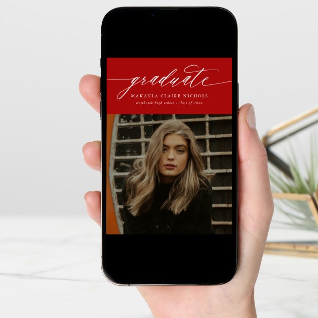 Modern Calligraphy Two Photo Red Graduation Announcement (Front Digital)