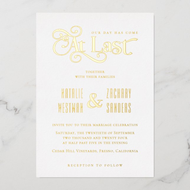 Modern Calligraphy Typography At Last Wedding Foil Invitation (Front)