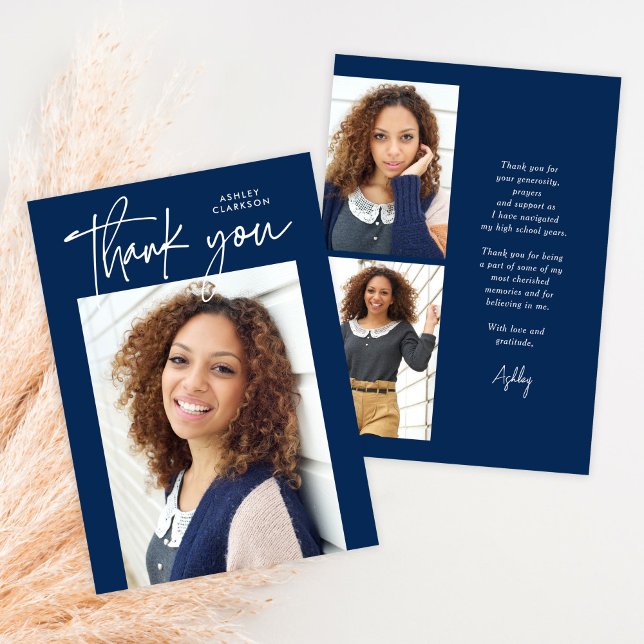 Modern Calligraphy Vertical Two Photo Graduation Thank You Card (Creator Uploaded)