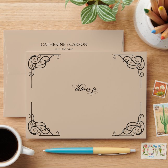 Modern Calligraphy Vintage Beige Wedding Envelope (Desk)