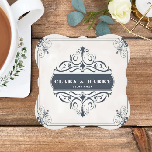 Modern calligraphy vintage floral wedding  paper coaster